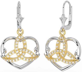 Diamond White Yellow Gold Celtic Trinity Knot Heart Dangle Earrings