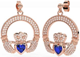 Diamond Sapphire Rose Gold Silver Claddagh Dangle Earrings