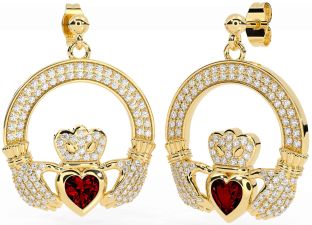 Diamond Garnet Gold Silver Claddagh Dangle Earrings
