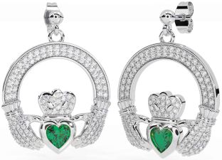Diamond Emerald Silver Claddagh Dangle Earrings