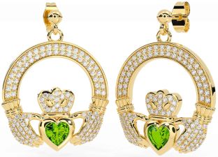 Diamond Peridot Gold Claddagh Dangle Earrings