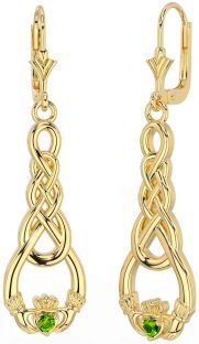 Peridot Gold Silver Celtic Claddagh Dangle Earrings