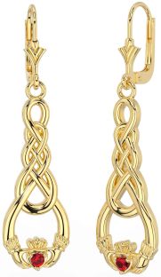 Ruby Gold Silver Celtic Claddagh Dangle Earrings