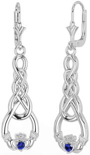 Sapphire Silver Celtic Claddagh Dangle Earrings