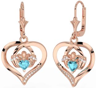 Diamond Aquamarine Rose Gold Silver Claddagh Heart Dangle Earrings