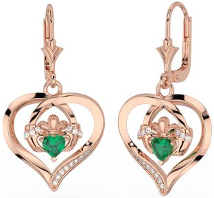 Diamond Emerald Rose Gold Silver Claddagh Heart Dangle Earrings