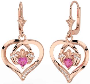 Diamond Pink Tourmaline Rose Gold Silver Claddagh Heart Dangle Earrings
