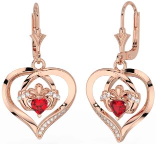 Diamond Ruby Rose Gold Silver Claddagh Heart Dangle Earrings