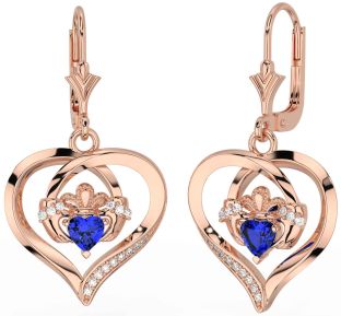 Diamond Sapphire Rose Gold Silver Claddagh Heart Dangle Earrings