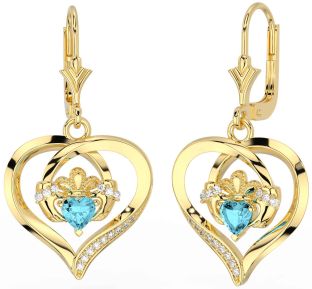 Diamond Aquamarine Gold Silver Claddagh Heart Dangle Earrings