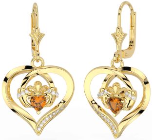 Diamond Citrine Gold Silver Claddagh Heart Dangle Earrings