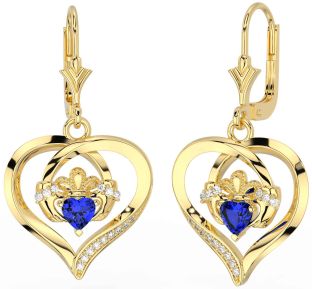 Diamond Sapphire Gold Silver Claddagh Heart Dangle Earrings