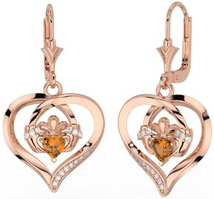 Diamond Citrine Rose Gold Claddagh Heart Dangle Earrings