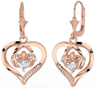 Diamond Rose Gold Claddagh Heart Dangle Earrings