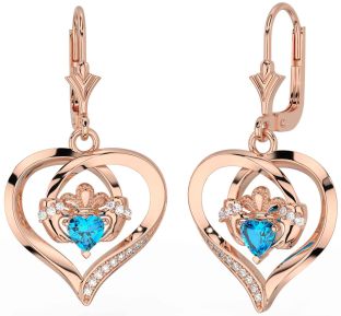 Diamond Topaz Rose Gold Claddagh Heart Dangle Earrings