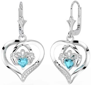 Diamond Aquamarine Silver Claddagh Heart Dangle Earrings