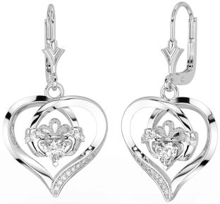 Diamond Silver Claddagh Heart Dangle Earrings