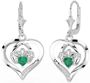 Diamond Emerald Silver Claddagh Heart Dangle Earrings