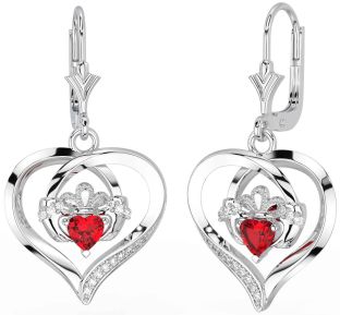 Diamond Ruby Silver Claddagh Heart Dangle Earrings