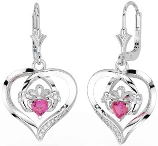 Diamond Pink Tourmaline White Gold Claddagh Heart Dangle Earrings