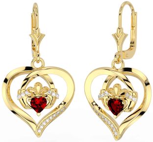 Diamond Garnet Gold Claddagh Heart Dangle Earrings