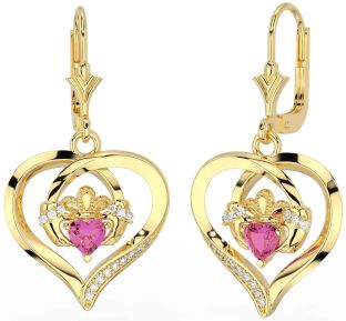 Diamond Pink Tourmaline Gold Claddagh Heart Dangle Earrings