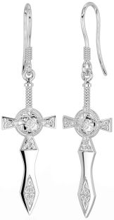 Diamond Silver Celtic Cross Warrior Trinity Knot Dangle Earrings