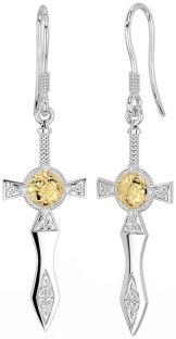 Diamond White Yellow Gold Celtic Cross Warrior Trinity Knot Dangle Earrings