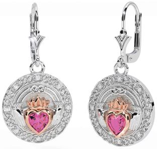 Diamond Pink Tourmaline Rose Gold Silver Celtic Claddagh Dangle Earrings