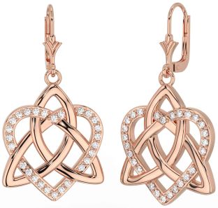 Diamond Rose Gold Celtic Trinity Knot Heart Dangle Earrings