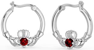 Garnet Silver Claddagh Dangle Earrings