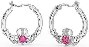 Pink Tourmaline Silver Claddagh Dangle Earrings