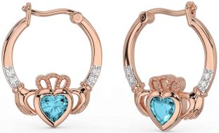 Diamond Aquamarine Rose Gold Silver Claddagh Hoop Earrings