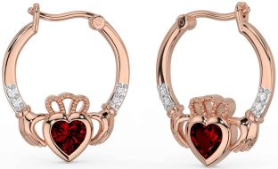 Diamond Garnet Rose Gold Silver Claddagh Hoop Earrings