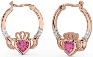 Diamond Pink Tourmaline Rose Gold Silver Claddagh Hoop Earrings