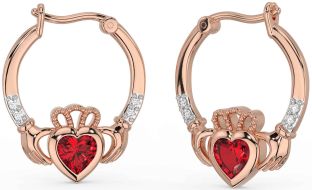 Diamond Ruby Rose Gold Silver Claddagh Hoop Earrings