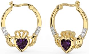 Diamond Alexandrite Gold Silver Claddagh Hoop Earrings