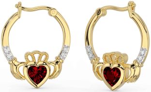 Diamond Garnet Gold Silver Claddagh Hoop Earrings
