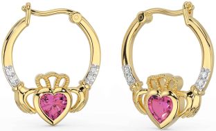 Diamond Pink Tourmaline Gold Silver Claddagh Hoop Earrings