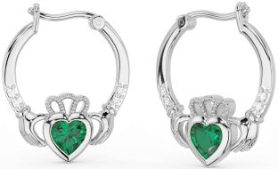 Diamond Emerald Silver Claddagh Hoop Earrings