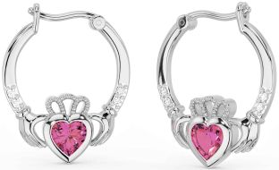 Diamond Pink Tourmaline Silver Claddagh Hoop Earrings
