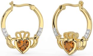 Diamond Citrine Gold Claddagh Hoop Earrings
