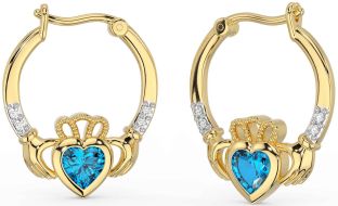 Diamond Topaz Gold Claddagh Hoop Earrings