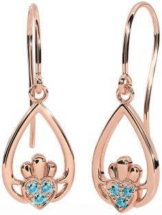 Aquamarine Rose Gold Silver Claddagh Dangle Earrings