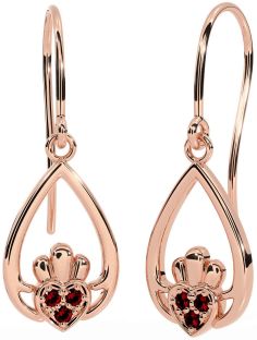 Garnet Rose Gold Silver Claddagh Dangle Earrings