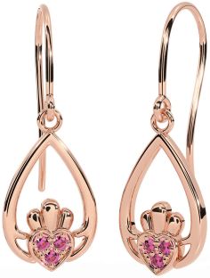 Pink Tourmaline Rose Gold Silver Claddagh Dangle Earrings