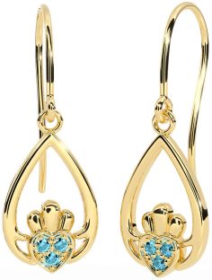 Aquamarine Gold Silver Claddagh Dangle Earrings