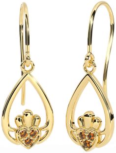 Citrine Gold Silver Claddagh Dangle Earrings