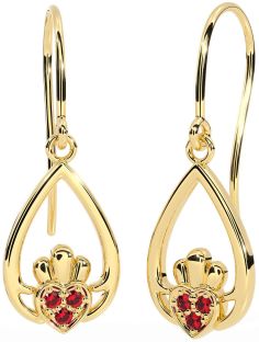 Ruby Gold Silver Claddagh Dangle Earrings