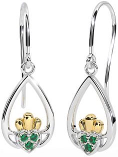 Emerald Gold Silver Claddagh Dangle Earrings